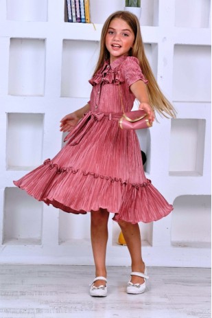 İ&K ŞIMARIK YAKALI DÖRT DÜĞMELİ ÇANTALI KUŞAKLI BÜRÜMCÜK ELBİSE