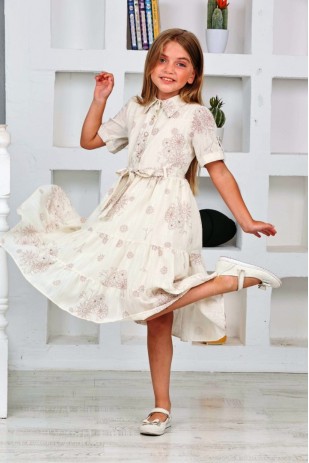 İ&K ŞIMARIK  DÖRT DÜĞMELİ YAKALI KUŞAKLI  ASTARLI ÇİCEKLİ ELBİSE