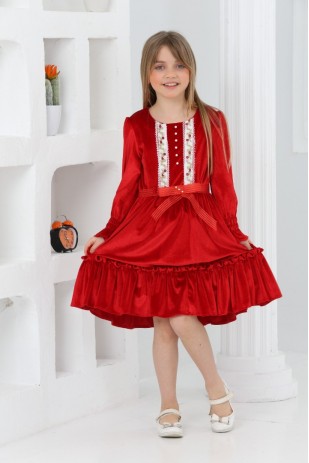 İ&K ŞİMARIK БАРХАТНОЕ ПЛАТЬЕ С ПОЯСОМ И ЖЕМЧУЖНЫМ КРУЖЕВОМ ПЕРЕДОМ