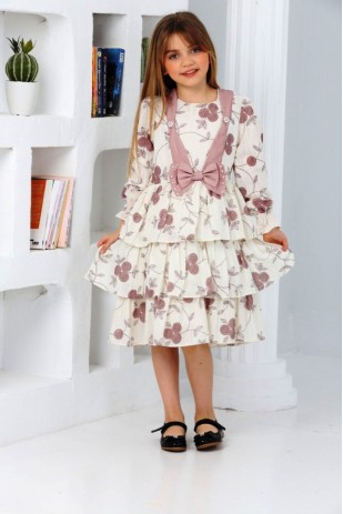 KLEID MIT BLATTMUSTER UND SCHLEIFE VORNE MIT PERLEN