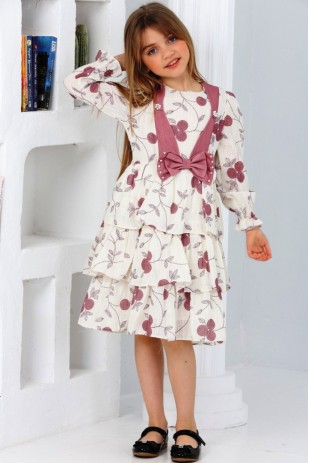 KLEID MIT BLATTMUSTER UND SCHLEIFE VORNE MIT PERLEN