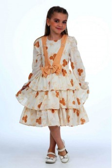 ÖNÜ İNCİLİ FİYONKLU YAPRAK DESENLİ  ELBİSE