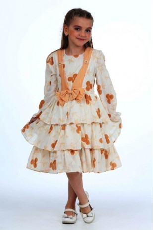 KLEID MIT BLATTMUSTER UND SCHLEIFE VORNE MIT PERLEN