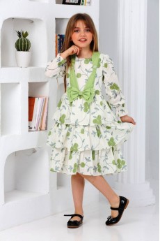 ÖNÜ İNCİLİ FİYONKLU YAPRAK DESENLİ  ELBİSE