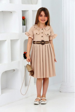 FRONT BUTTONED PLEATED DRESS WITH BELT BAG AND FAKE BAND DETAIL