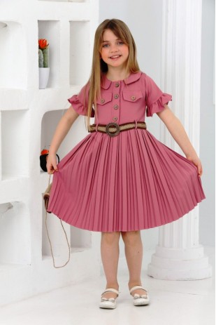  FRONT BUTTONED PLEATED DRESS WITH BELT BAG AND FAKE BAND DETAIL
