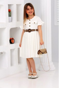 ÖNDEN DÜĞMELİ PİLİSELİ KEMERLİ ÇANTALI  SAHTE ÇEP DETAYLI PİLİSELİ ELBİSE