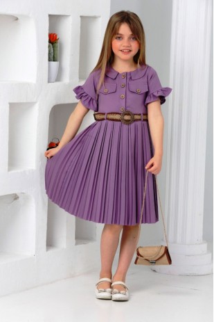 FRONT BUTTONED PLEATED DRESS WITH BELT BAG AND FAKE BAND DETAIL