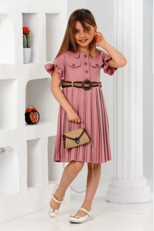 FRONT BUTTONED PLEATED DRESS WITH BELT BAG AND FAKE BAND DETAIL