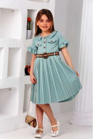 FRONT BUTTONED PLEATED DRESS WITH BELT BAG AND FAKE BAND DETAIL