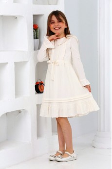 ÖNÜ PİLELİ FIRFIRLI  YAKALI KUŞAKLI ETEGİ PİLELİLİ ELBİSE