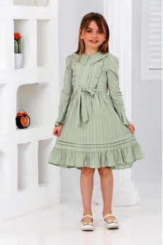 ÖNÜ PİLELİ FIRFIRLI  YAKALI KUŞAKLI ETEGİ PİLELİLİ ELBİSE