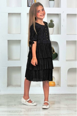 İ&K ŞİMARIK DREILAGEIGES BURÜMCÜK-KLEID MIT GÜRTEL UND GOLDPERLEN-VORDERTASCHE