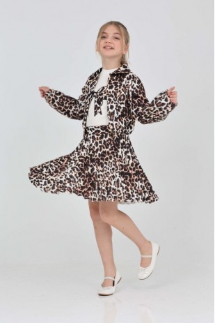İ&K ŞIMARIK LEOPAR KUMAŞ CEKET PİLİSELİ ETEK FİTİLLİ BADİ ÜÇLÜ TAKIM