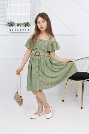 فستان دانتيل بأزرار وحزام على كامل التصميم مع حقيبة