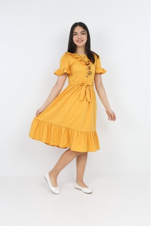 فستان بناتي بياقة صفراء وأكمام مكشكشة