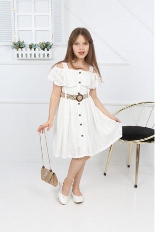 فستان دانتيل بأزرار وحزام على كامل التصميم مع حقيبة