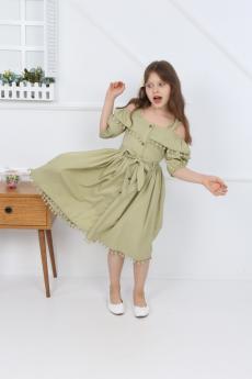 Kız Çocuk Yeşil Ponponlu Krep Elbise