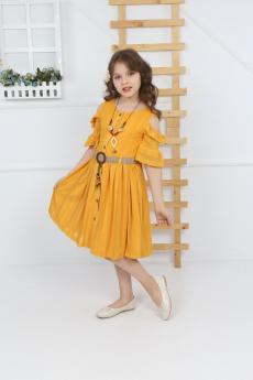 Kız Çocuk Sarı Kemerli Kolyeli Dantel Elbise