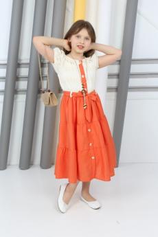 Kız Çocuk Kiremit Çantalı Kolyeli Boydan Düğmeli Elbise