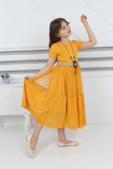 Kız Çocuk Sarı Dantelli Ortası Tüllü Kolyeli Elbise