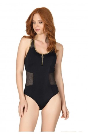Женский черный компактный купальник на молнии и в сетку