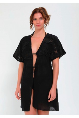 Kadın Güpür Detaylı Önden Bağlamalı Plaj Elbisesi