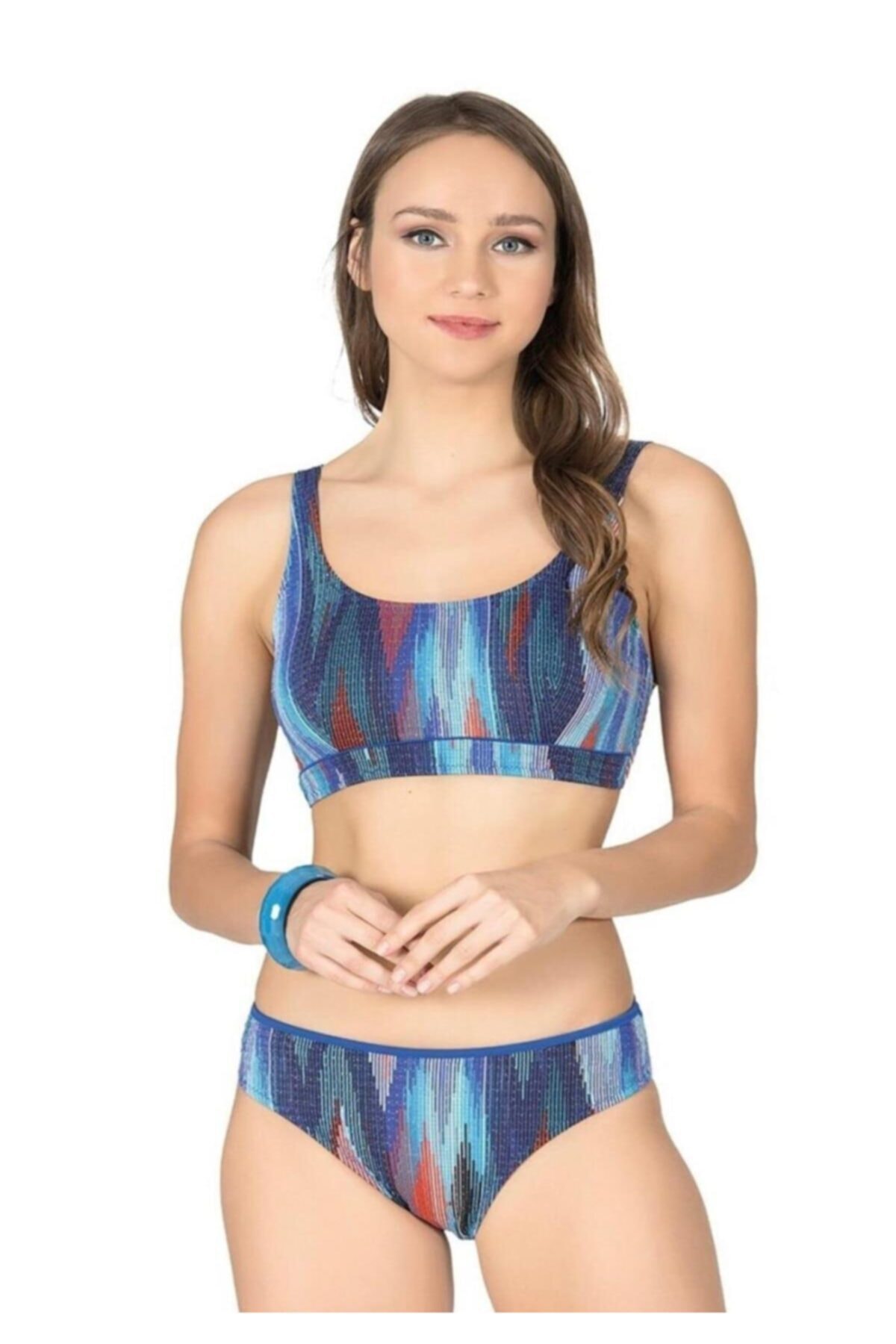 Blau gestreiftes, gemustertes, glänzendes Bikini-Set für Damen