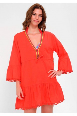 Kadın Ponpon Detaylı Nar Plaj Elbisesi