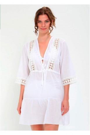 Kadın Beyaz Önden Bağlamalı Plaj Elbisesi
