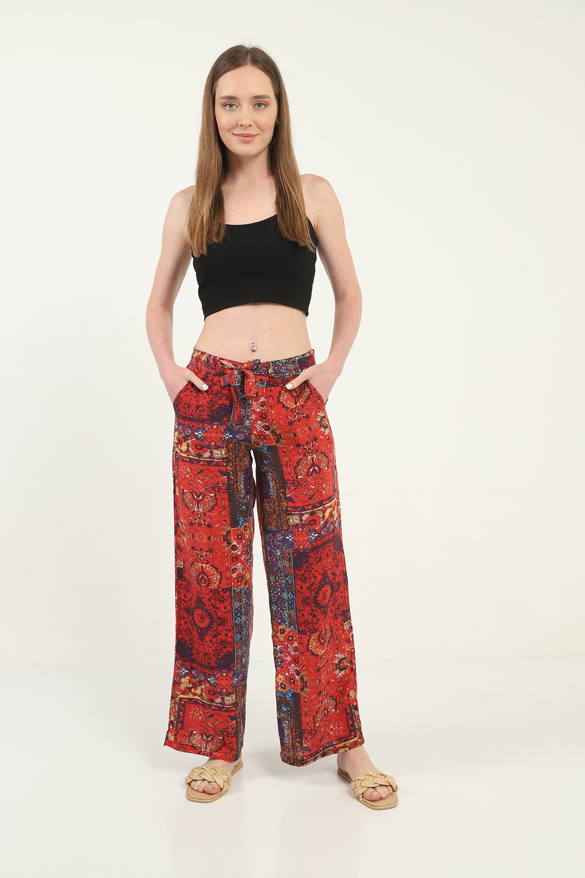 Womens Woven Wide Leg Pants with Pockets