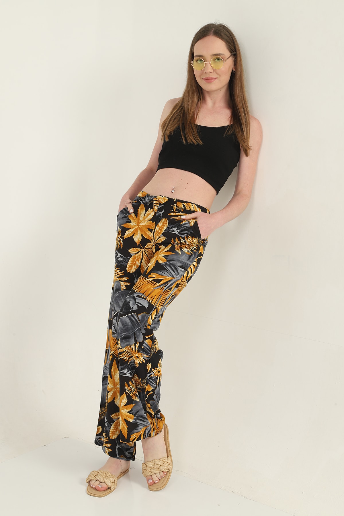 Womens Woven Wide Leg Pants with Pockets
