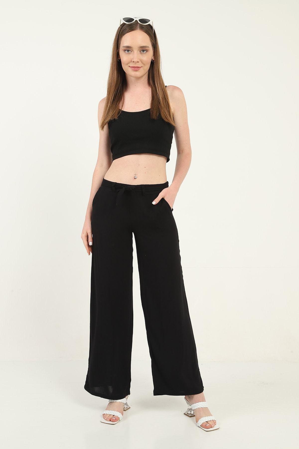 Womens Woven Wide Leg Pants with Pockets