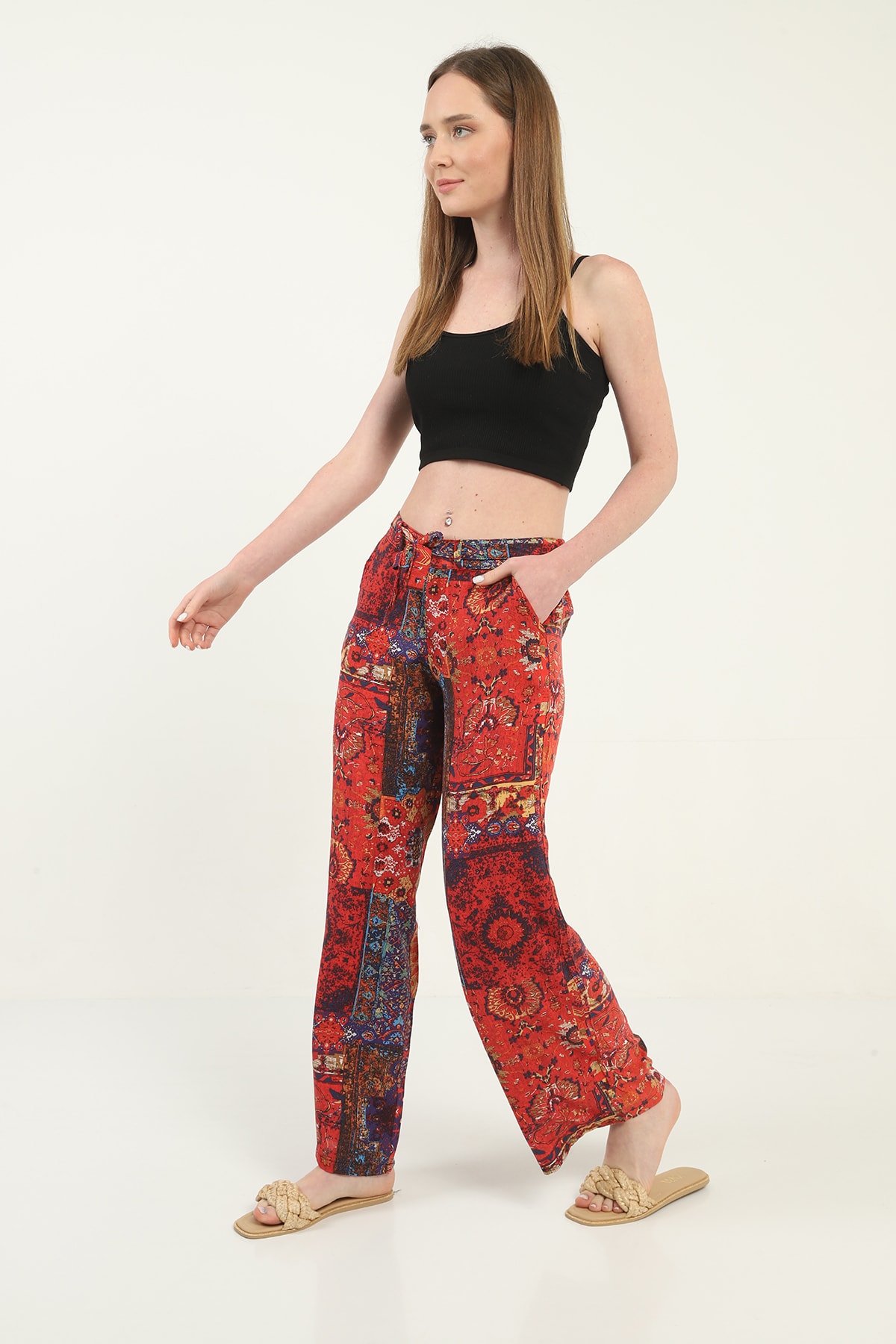 Womens Woven Wide Leg Pants with Pockets