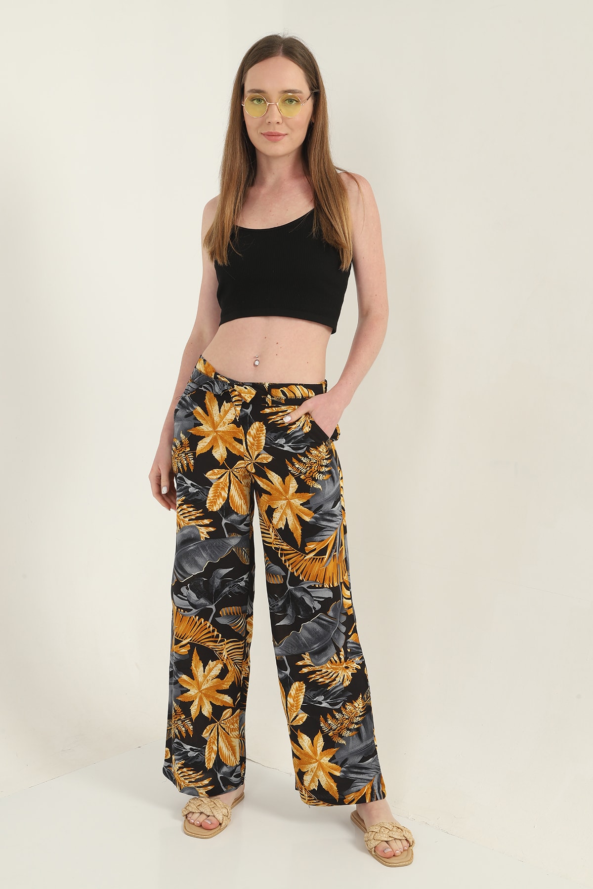 Womens Woven Wide Leg Pants with Pockets