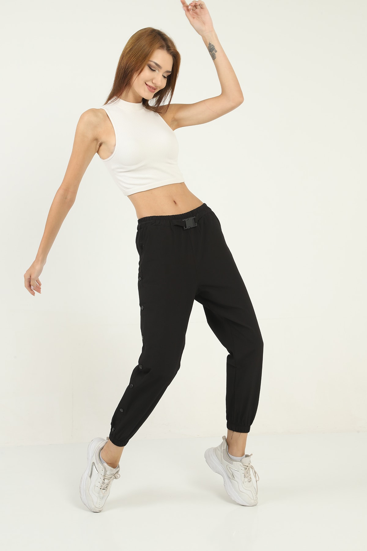 Womens Pockets Side Snap Detail Pants with Elasticized Bottom