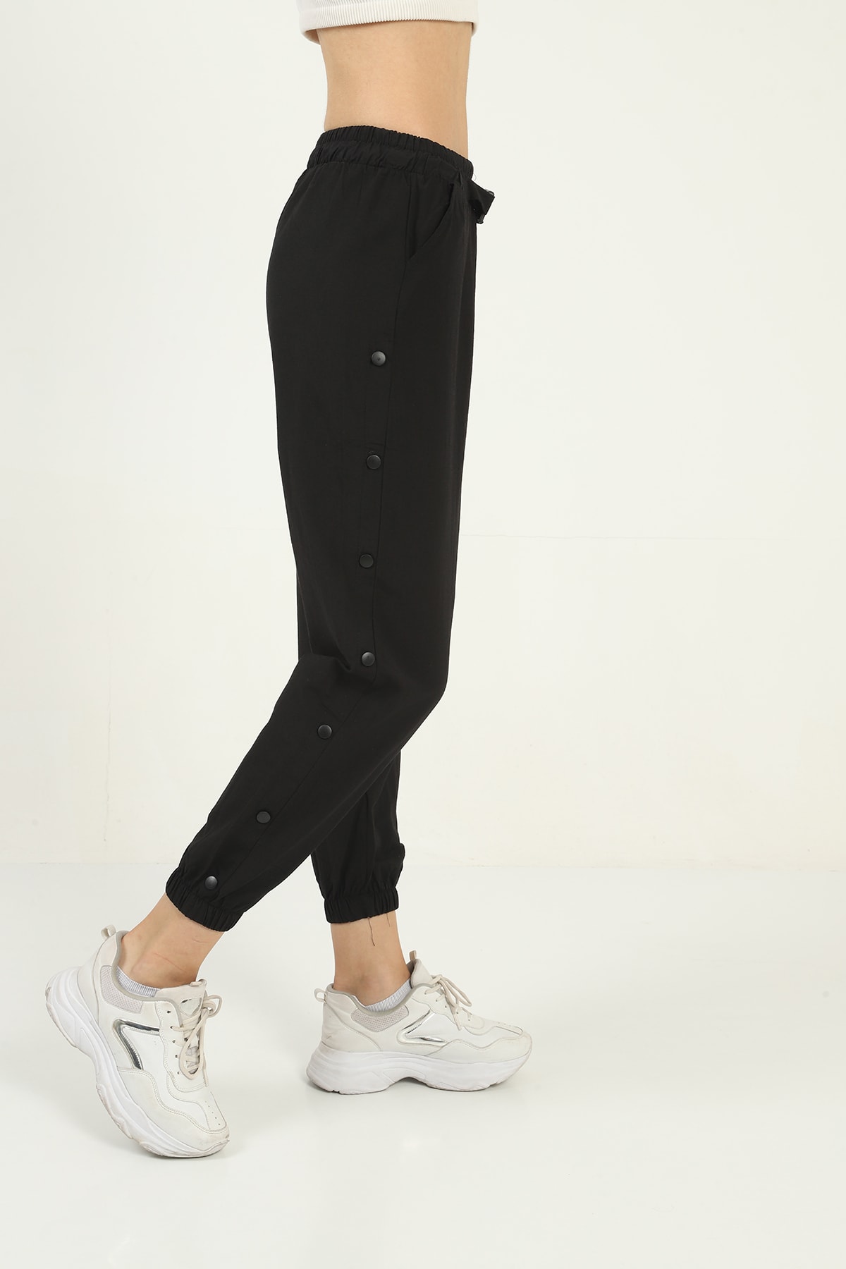 Womens Pockets Side Snap Detail Pants with Elasticized Bottom
