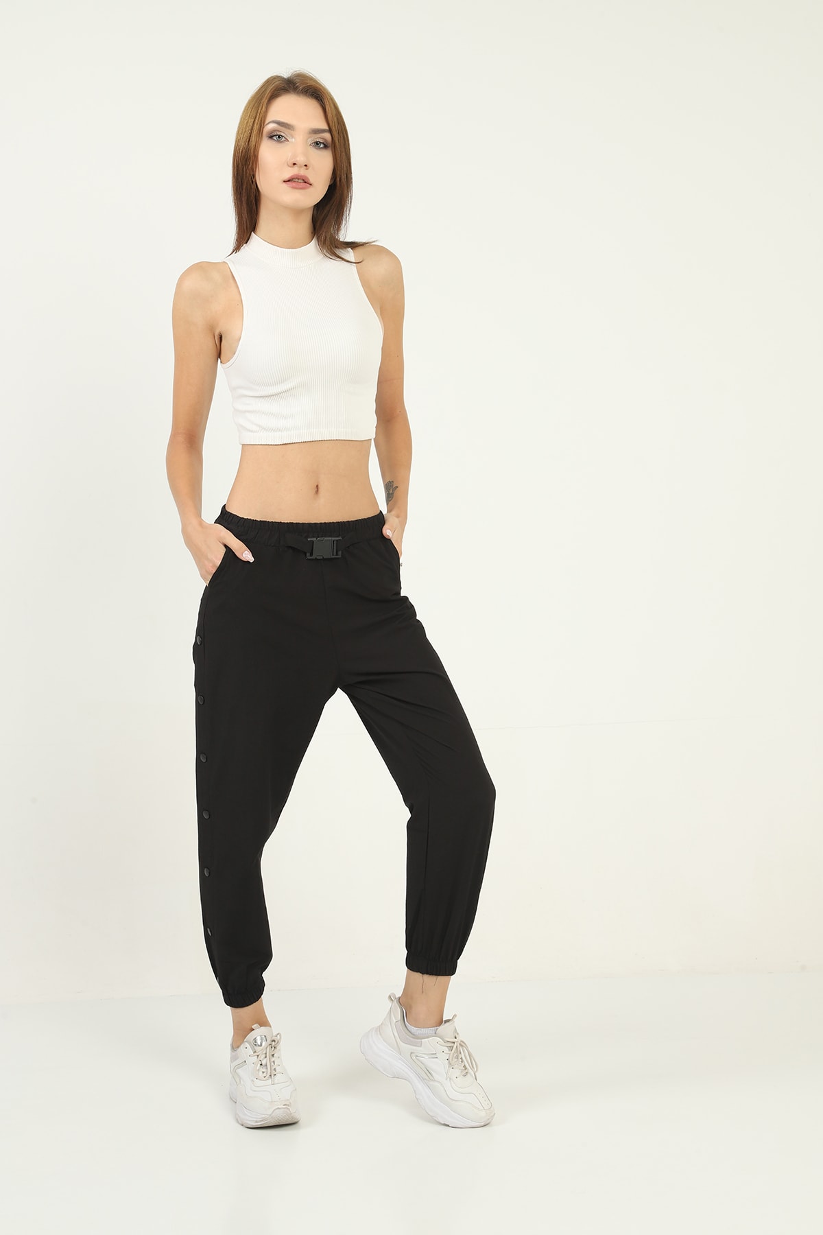 Womens Pockets Side Snap Detail Pants with Elasticized Bottom