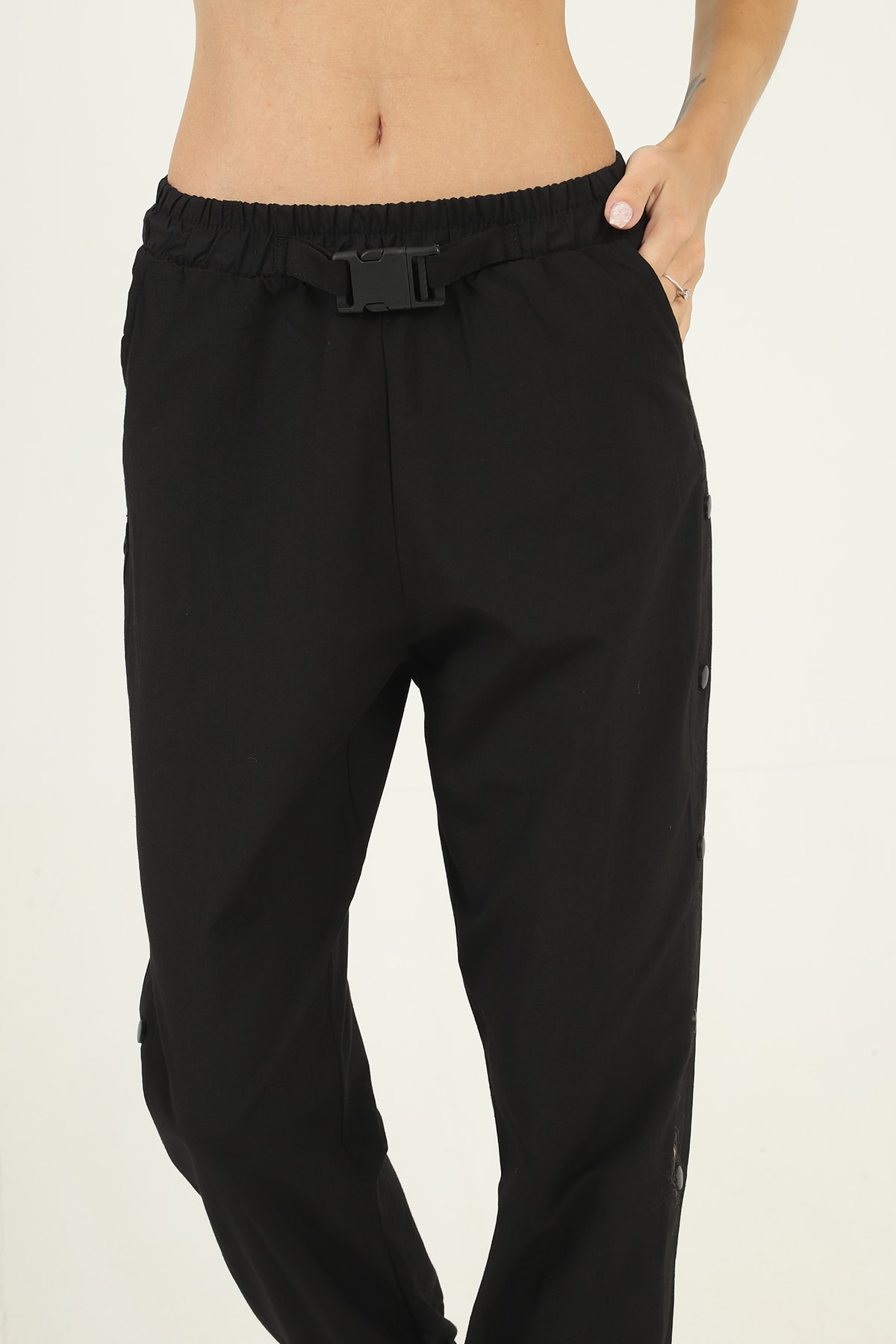 Womens Pockets Side Snap Detail Pants with Elasticized Bottom
