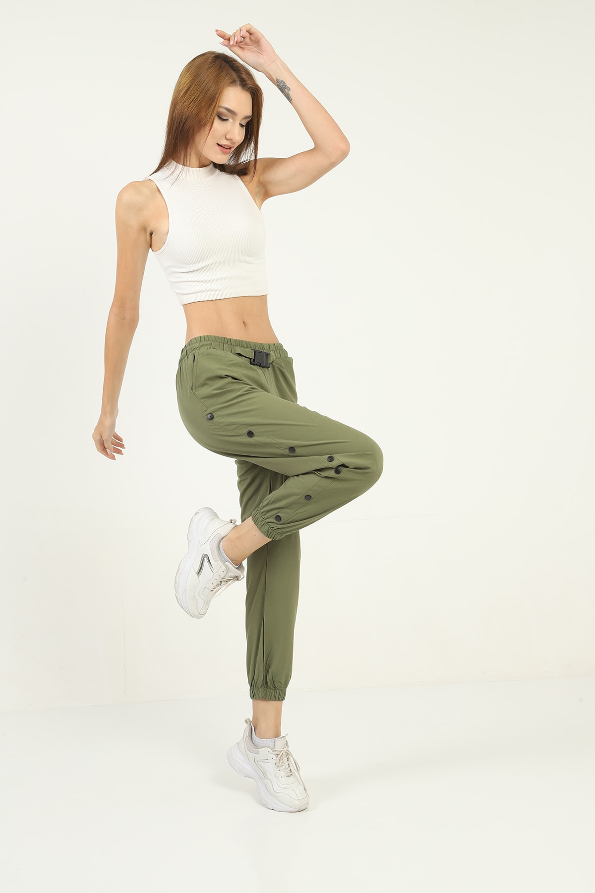 Womens Pockets Side Snap Detail Pants with Elasticized Bottom