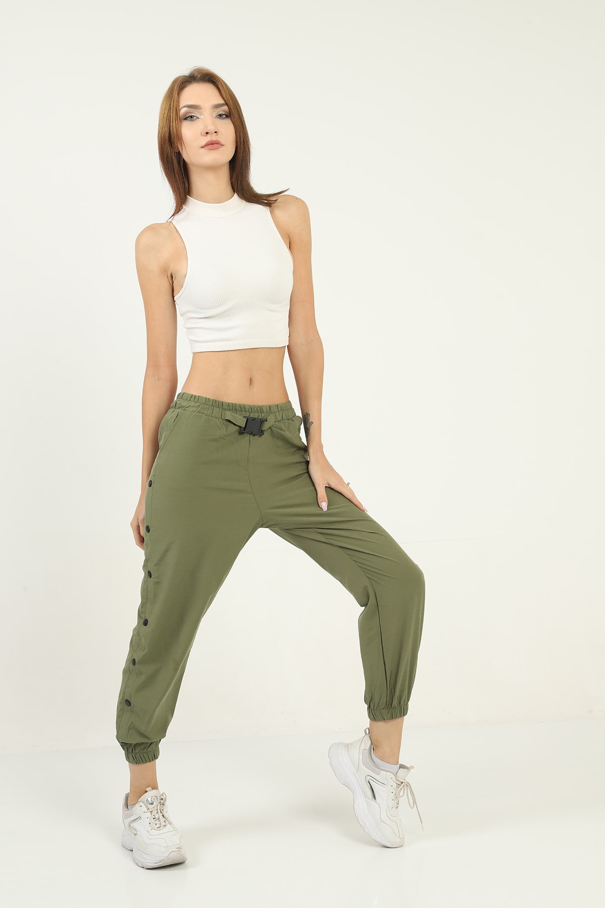 Womens Pockets Side Snap Detail Pants with Elasticized Bottom
