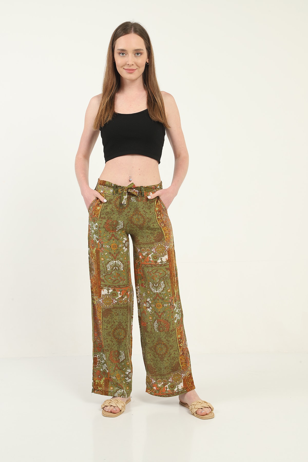 Womens Woven Wide Leg Pants with Pockets
