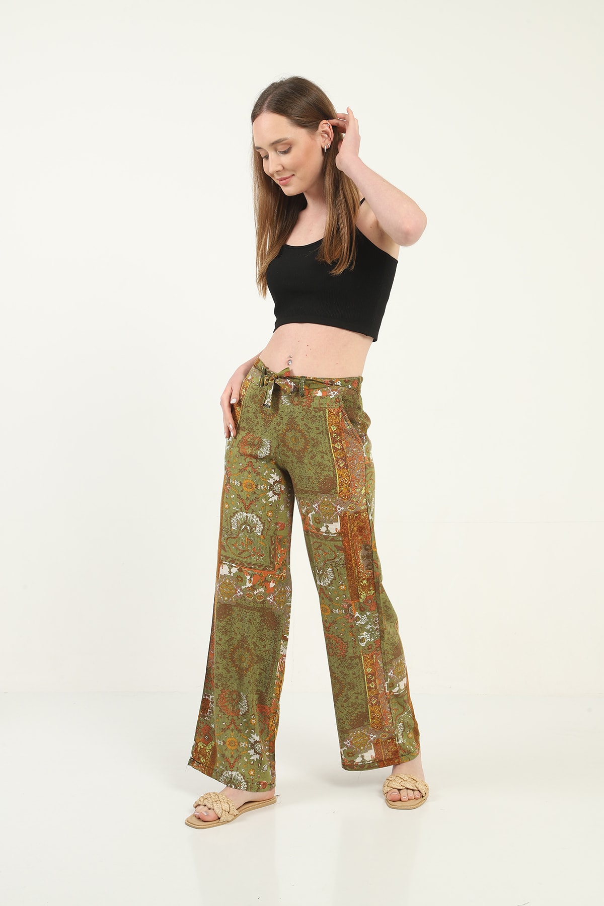 Womens Woven Wide Leg Pants with Pockets