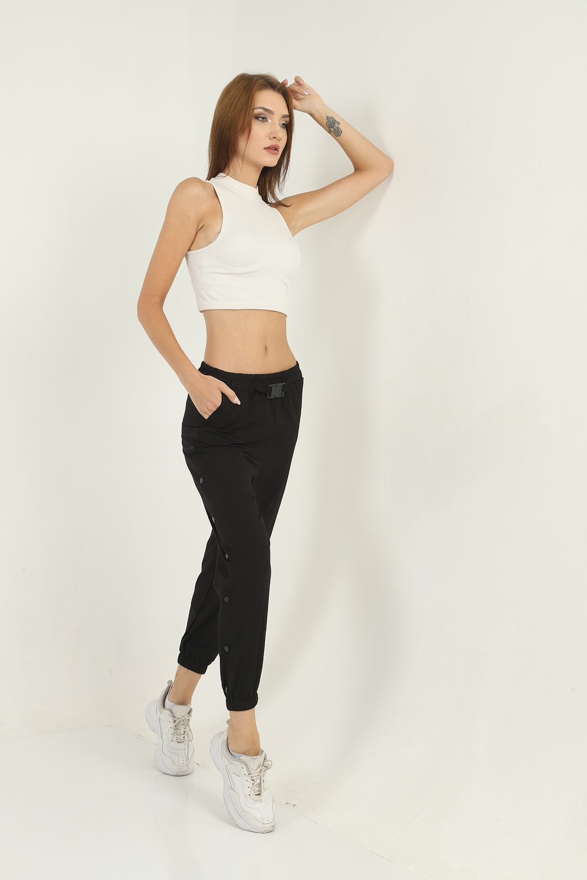 Womens Pockets Side Snap Detail Pants with Elasticized Bottom