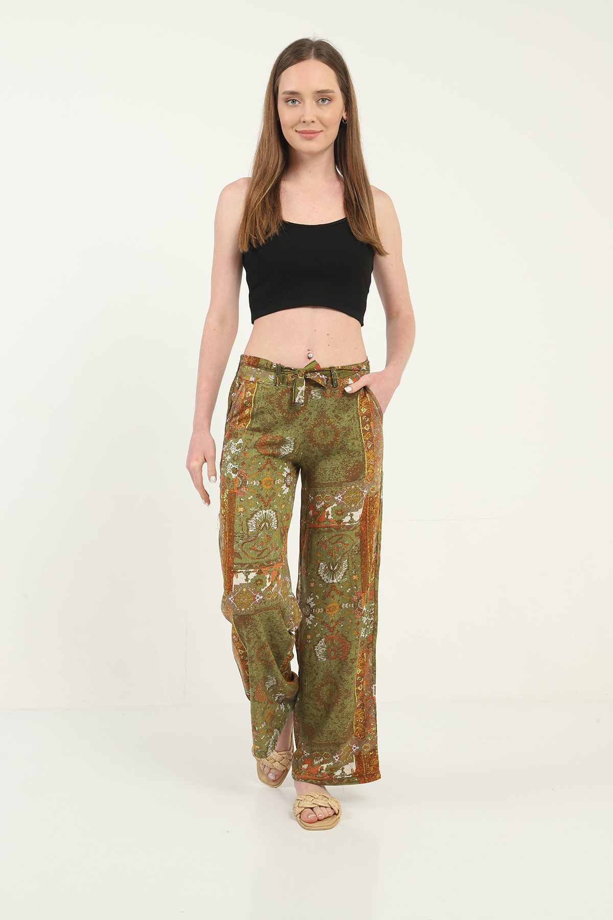Womens Woven Wide Leg Pants with Pockets