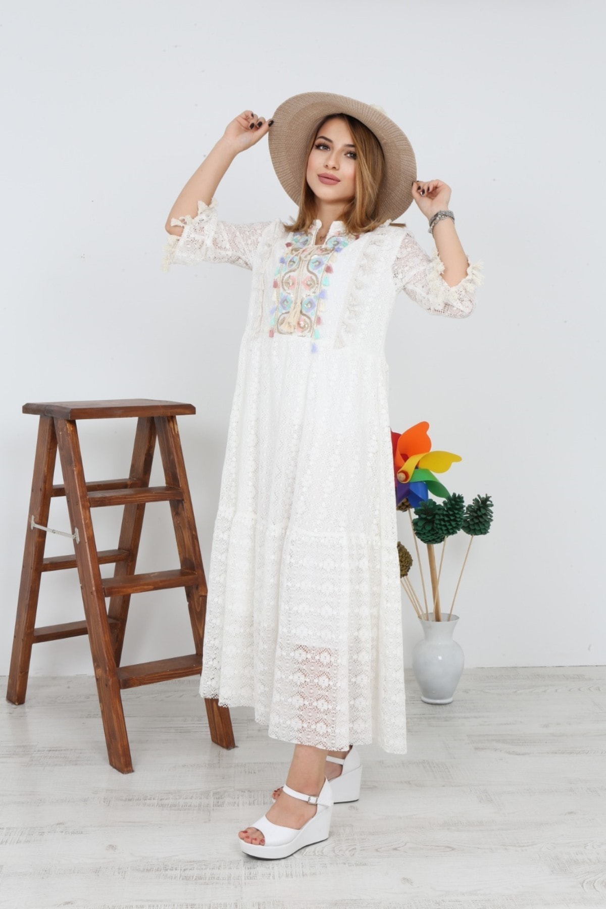 Womens Summer Lace Dress with Cuff Collar and Fringe Detail