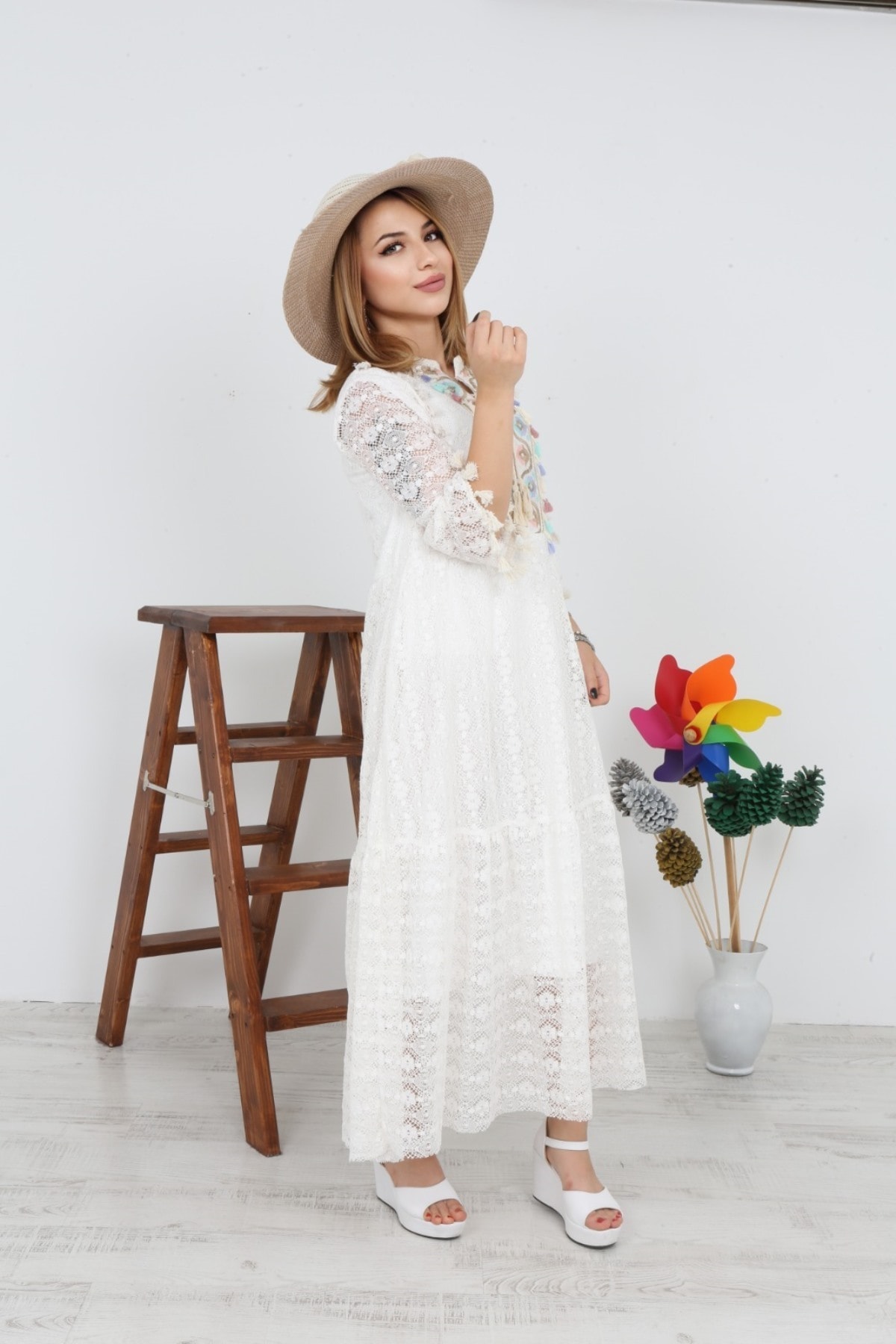 Womens Summer Lace Dress with Cuff Collar and Fringe Detail