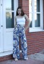 Womens Leaf Patterned High Waisted Wide Leg Pants with Pockets