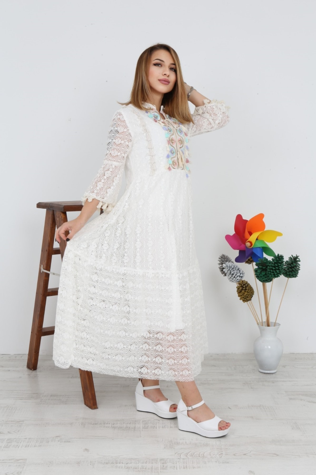 Womens Summer Lace Dress with Cuff Collar and Fringe Detail