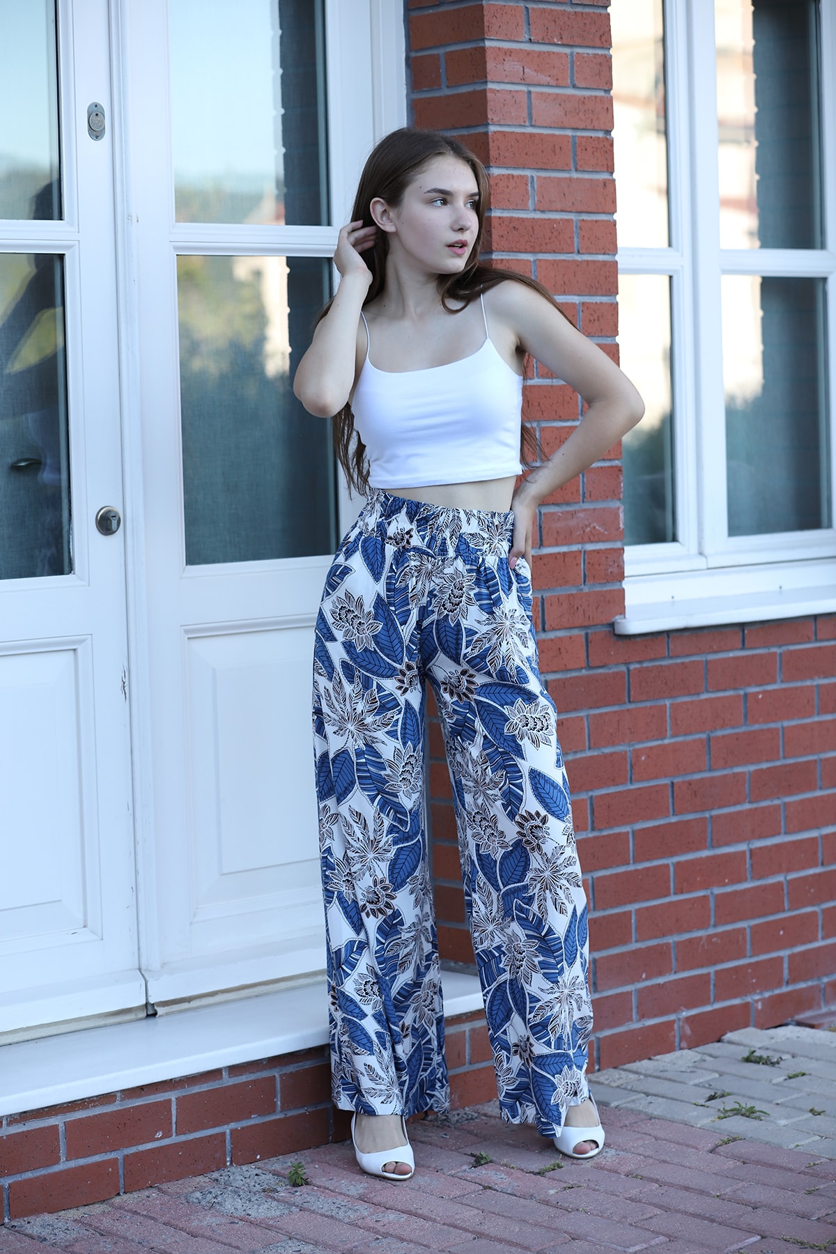 Womens Leaf Patterned High Waisted Wide Leg Pants with Pockets